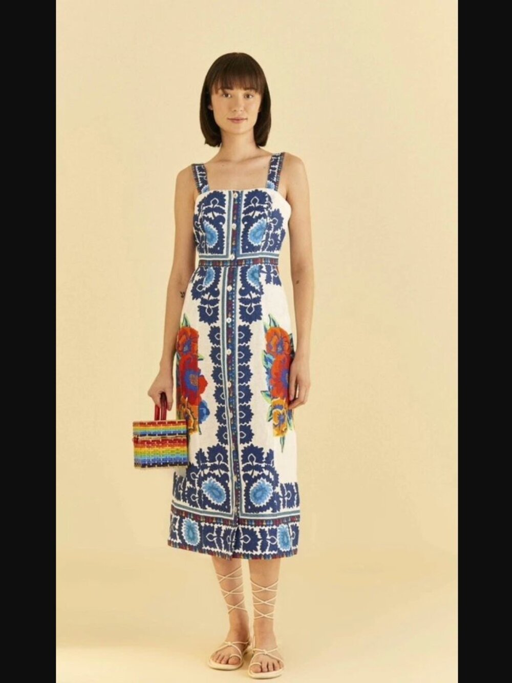 🌺 FARM Rio Off white flower tapestry midi dress with pockets Size L - Like new!